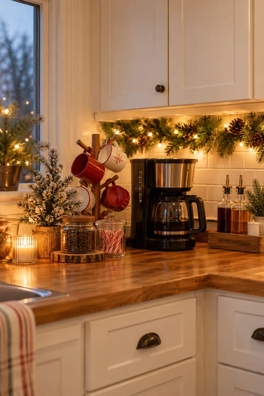 Christmas coffee bar on a butcher-block kitchen counter with a mug tree of red and white mugs, a flocked mini tree and pine garland with fairy lights
