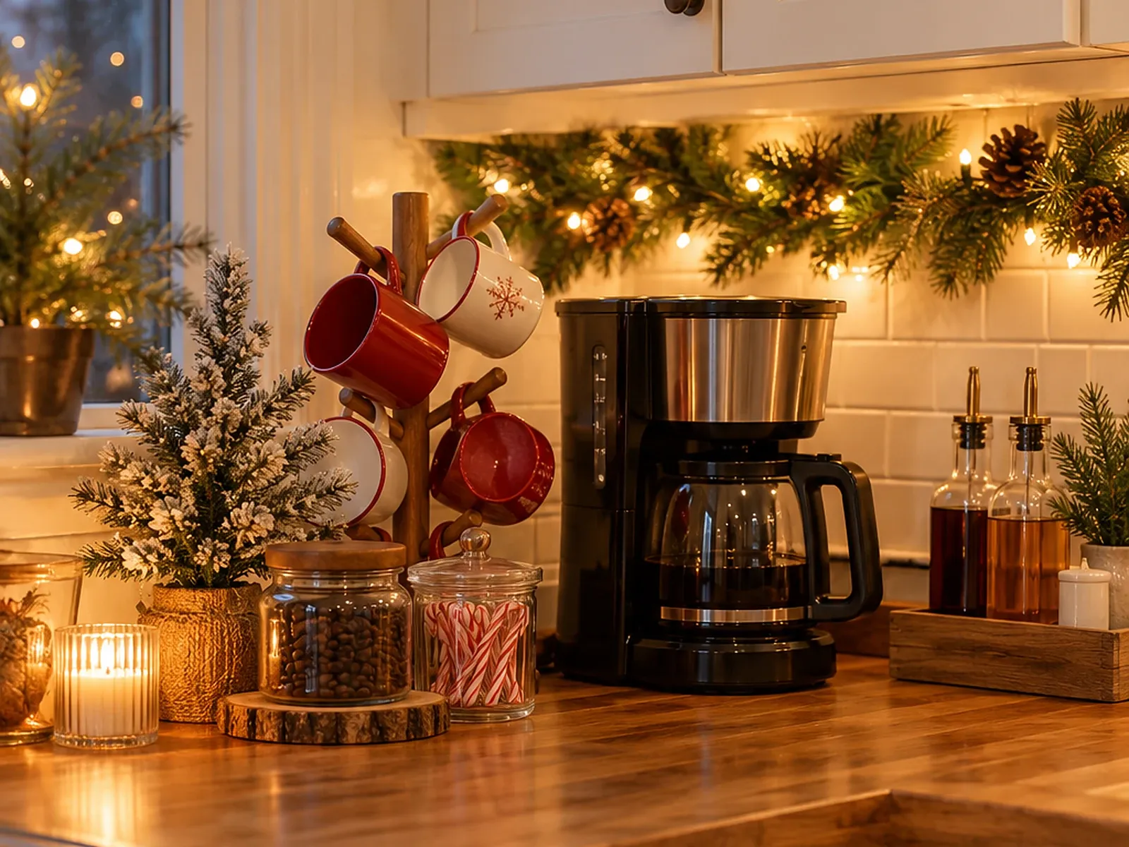 Christmas coffee bar on a butcher-block kitchen counter with a mug tree of red and white mugs, a flocked mini tree and pine garland with fairy lights
