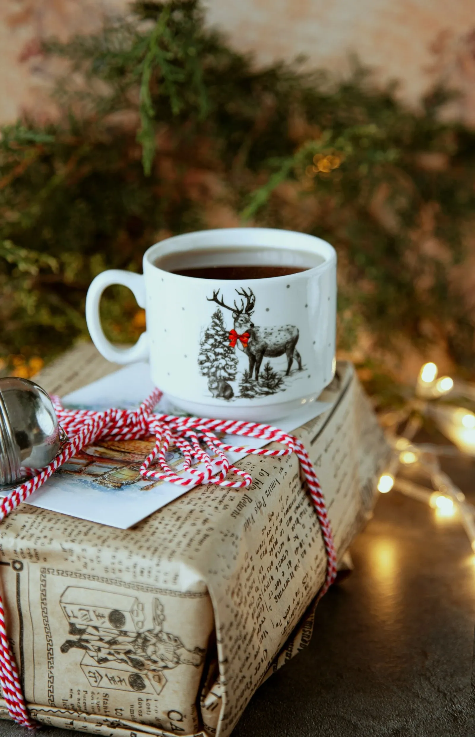 Coffee in a reindeer mug sitting on a gift wrapped in newsprint with red and white twine beside pine branches