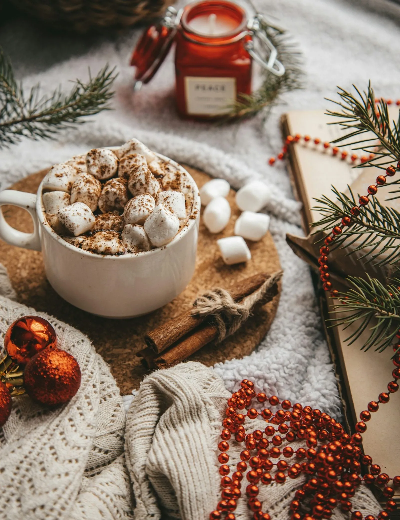 Christmas hot cocoa bar mug topped with marshmallows
