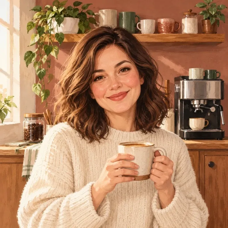 Claire Bennett, editor of The Home Coffee Bar, holding a coffee mug at a home coffee bar