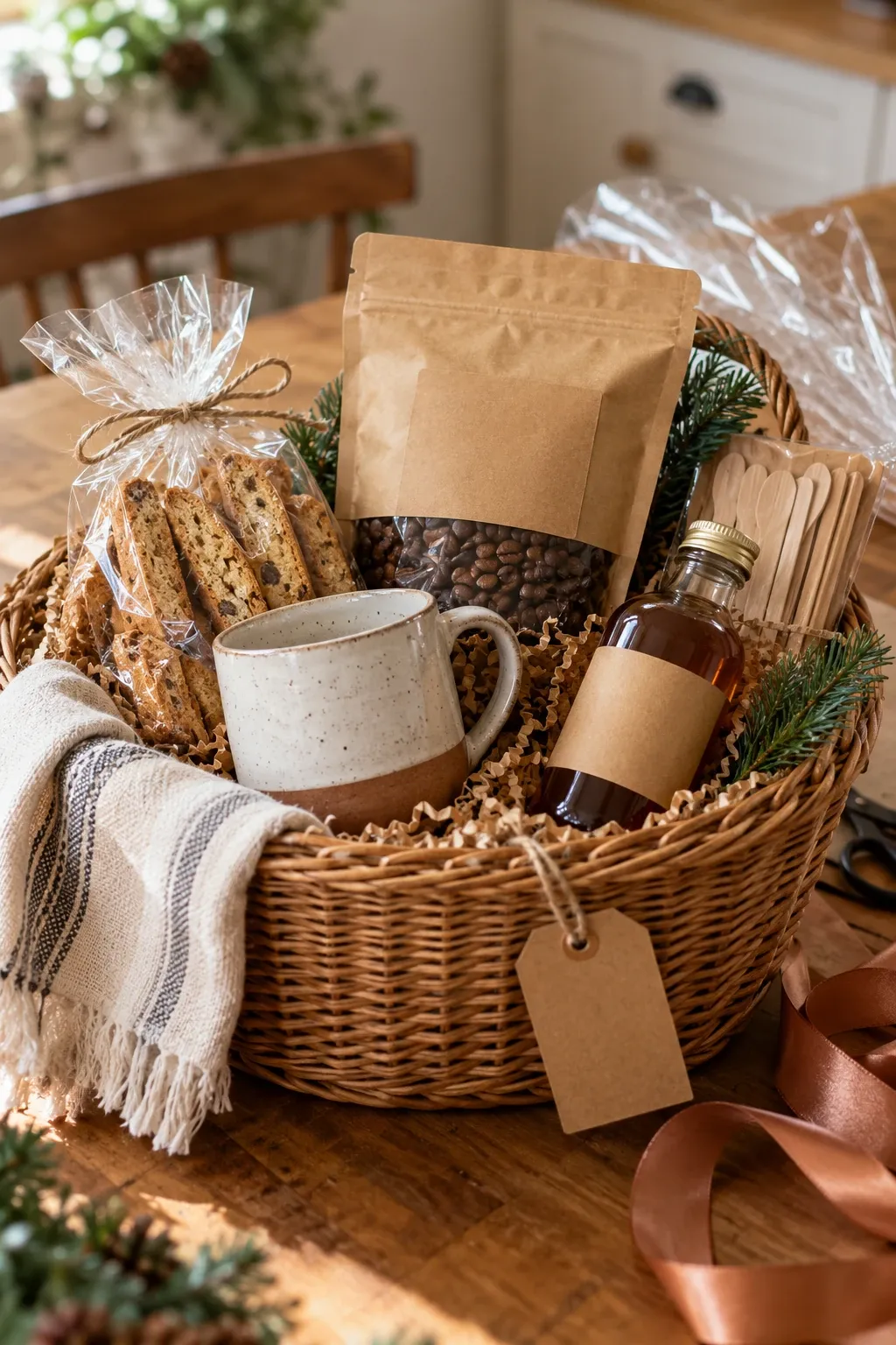 DIY coffee gift basket in a wicker basket with crinkle paper, a stoneware mug, coffee beans, biscotti, a syrup bottle and a blank kraft tag