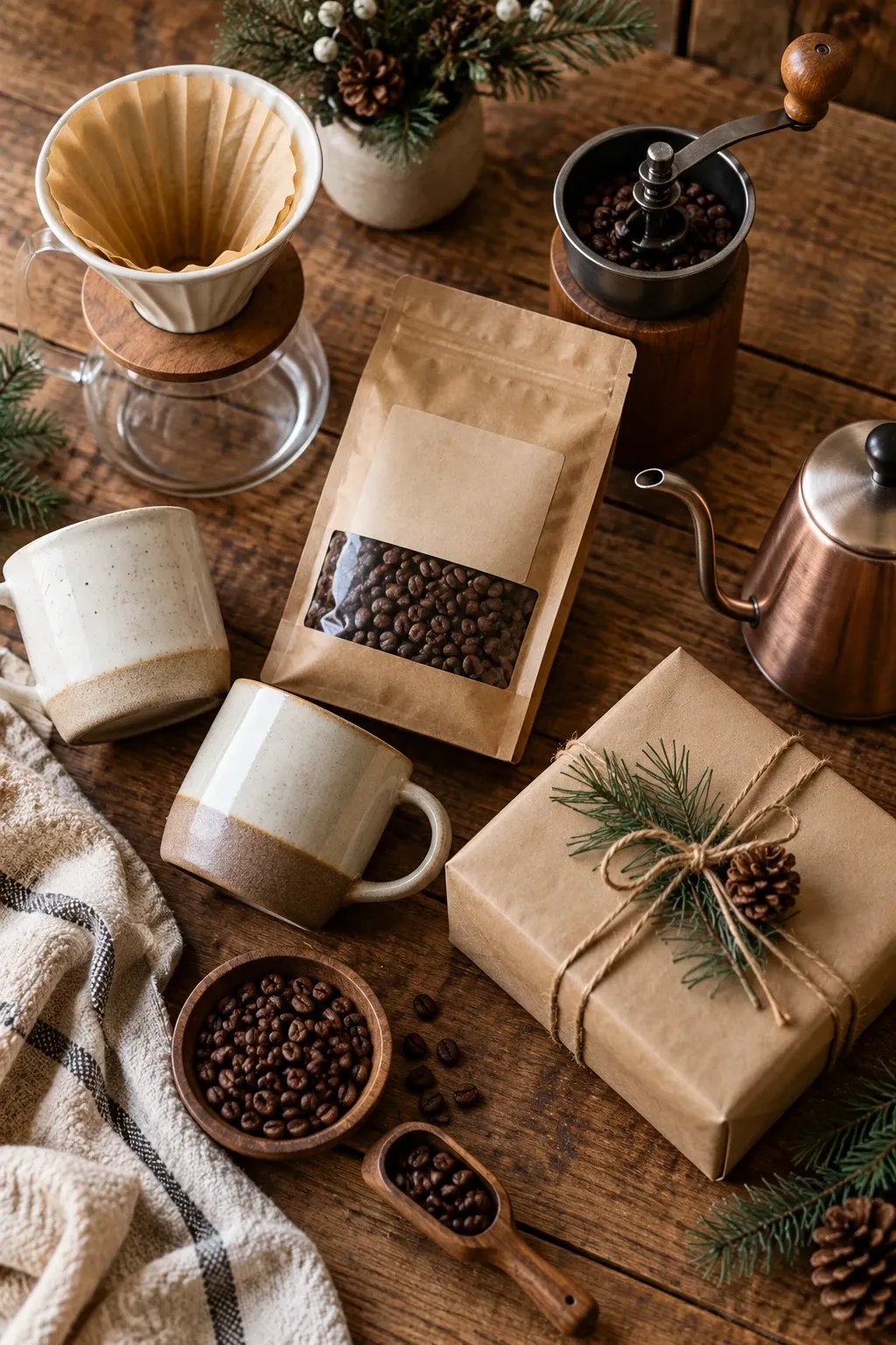 Coffee lover gifts on a wooden table: pour-over dripper, bag of coffee beans, hand grinder, stoneware mugs, gooseneck kettle and a kraft-wrapped present
