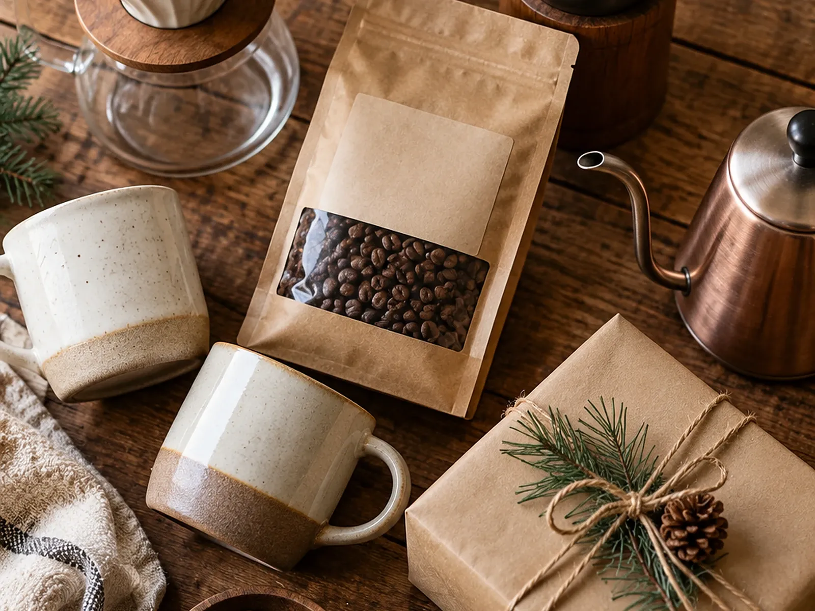 Coffee lover gifts on a wooden table: pour-over dripper, bag of coffee beans, hand grinder, stoneware mugs, gooseneck kettle and a kraft-wrapped present