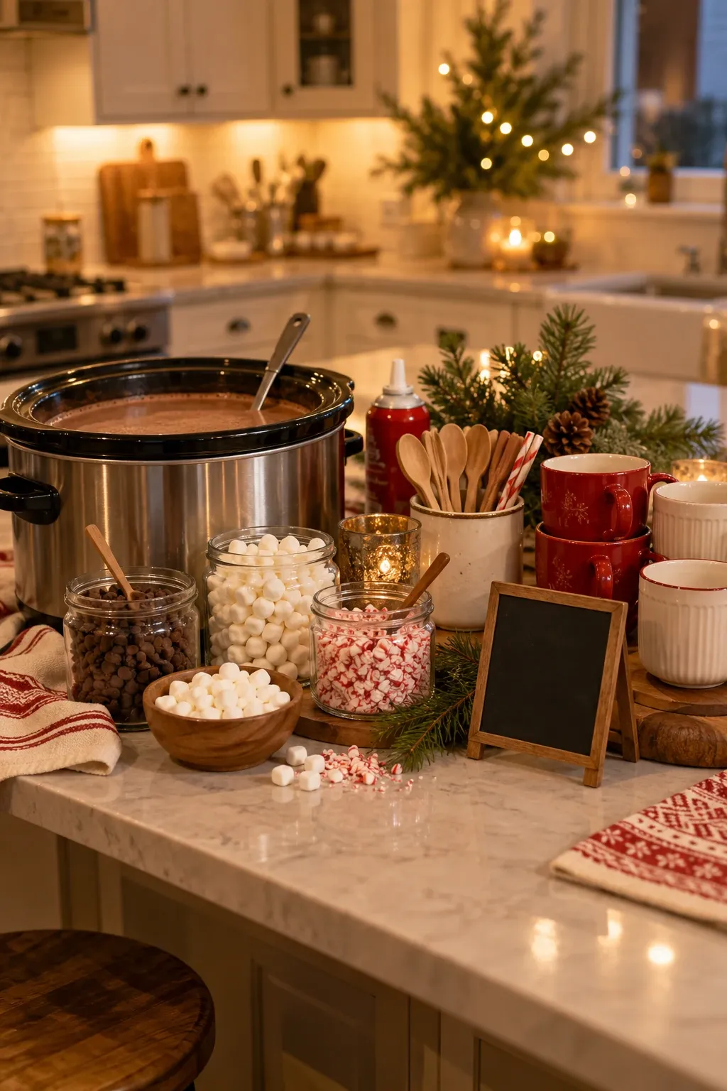 Self-serve hot cocoa bar on a kitchen island with a slow cooker of hot chocolate, jars of marshmallows and peppermint, and stacked red mugs