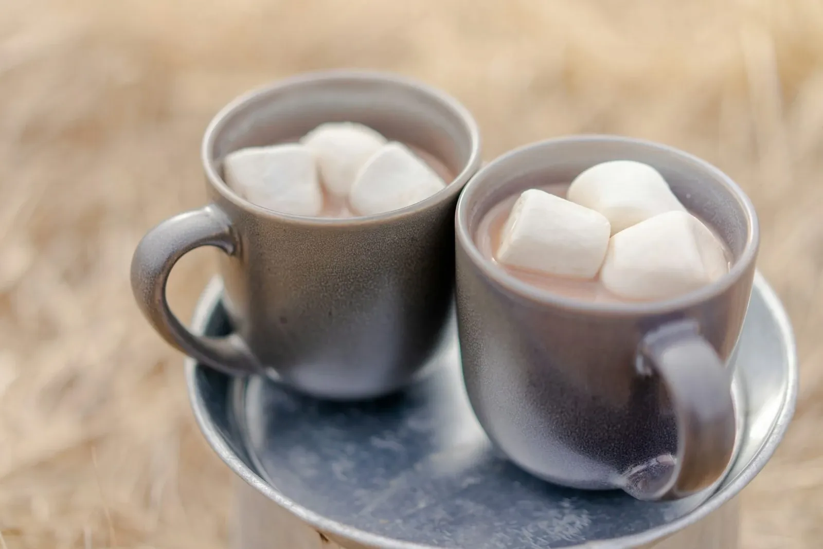 Two gray mugs of hot cocoa topped with large marshmallows on a small metal tray