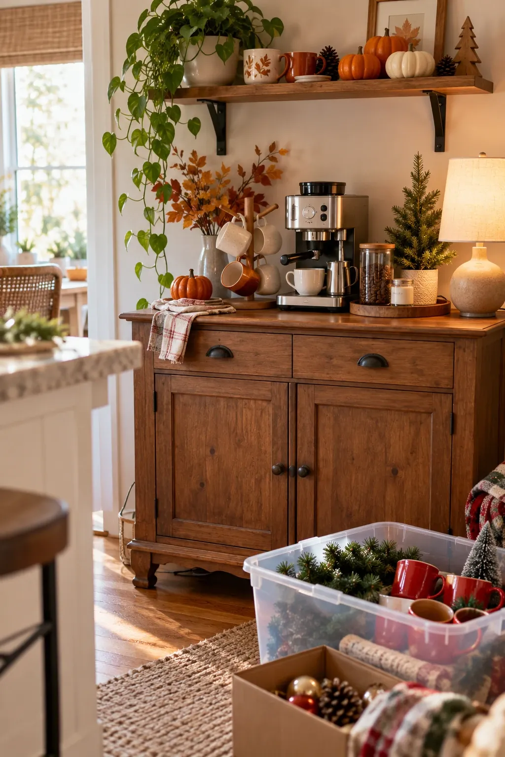 Wooden coffee bar cabinet mid-swap from fall to Christmas, with small pumpkins on the shelf and a bin of red mugs and garland on the floor