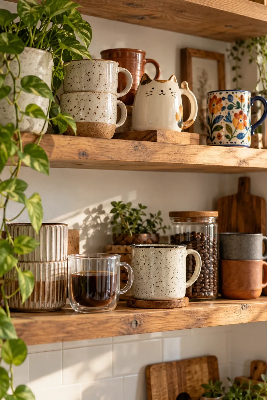 Open kitchen shelf with a collection of unique coffee mugs: speckled stoneware, hand-painted, glass double-wall and enamel camp mugs